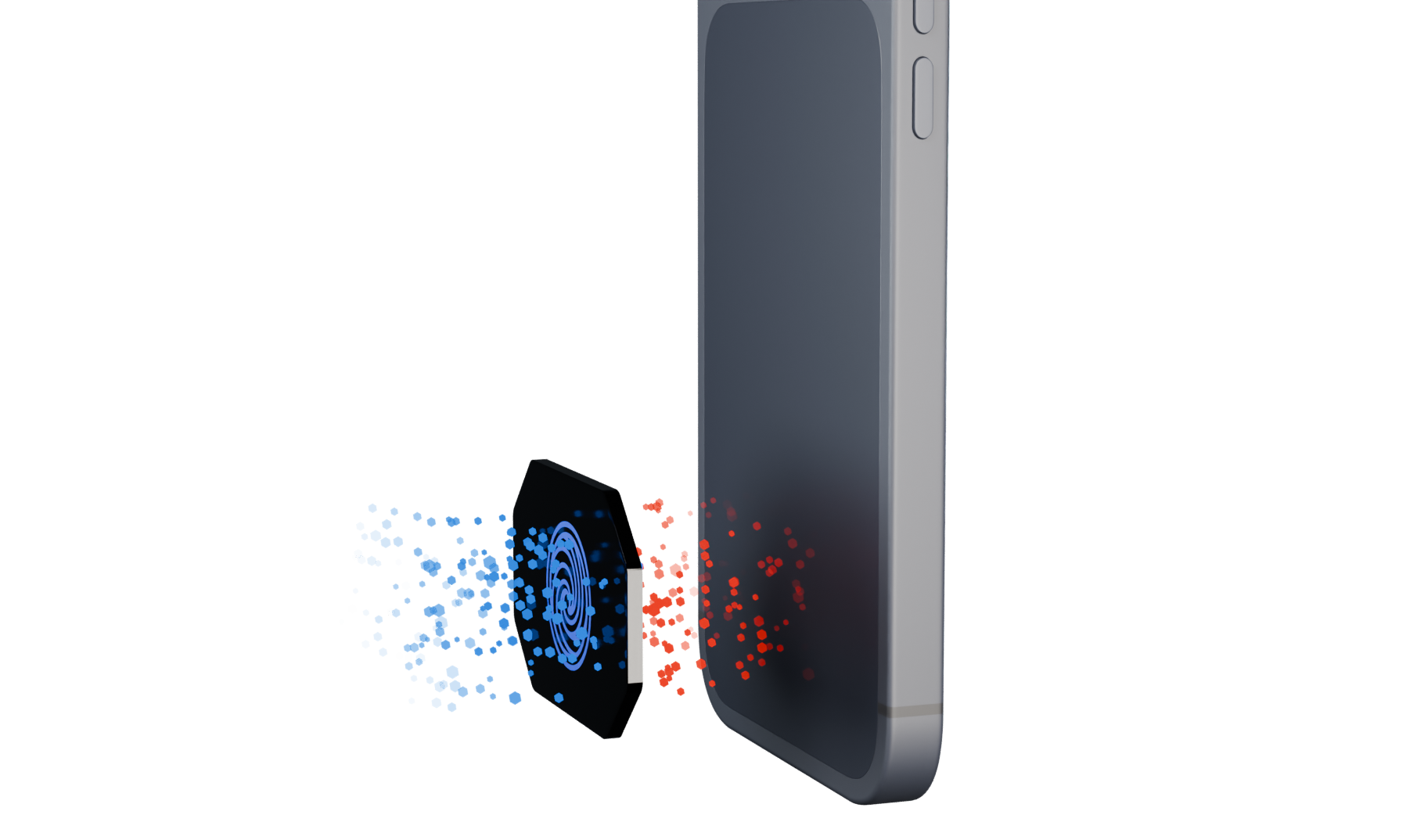 Illustration 3D d’O-Mira One séparé du dos d’un téléphone, avec des points rouges et bleus symboliques.